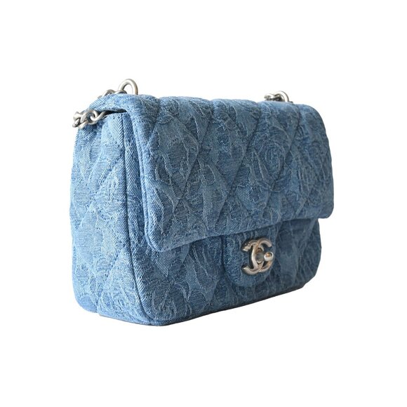 Chanel Denim Quilted Camellia Sweetheart Flap Bag Silver Hardware Blue